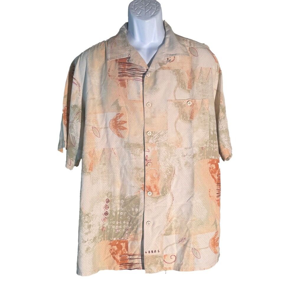 ISLAND REPUBLIC Men's Short Sleeve Button Down Silk Shirt Large